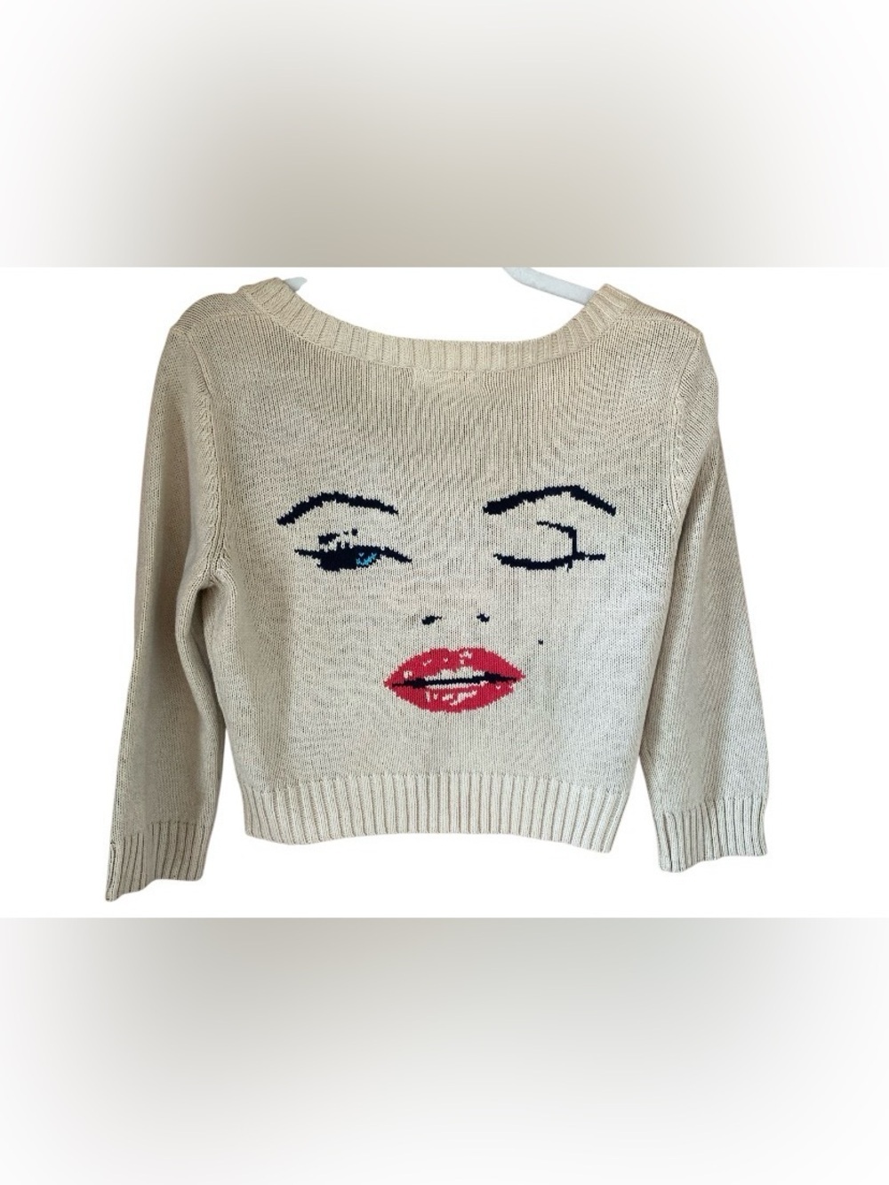 RARE Vintage Betsey Johnson Marilyn Monroe Wink Cropped Sweater Cream sz L Y2K - Picture 2 of 16